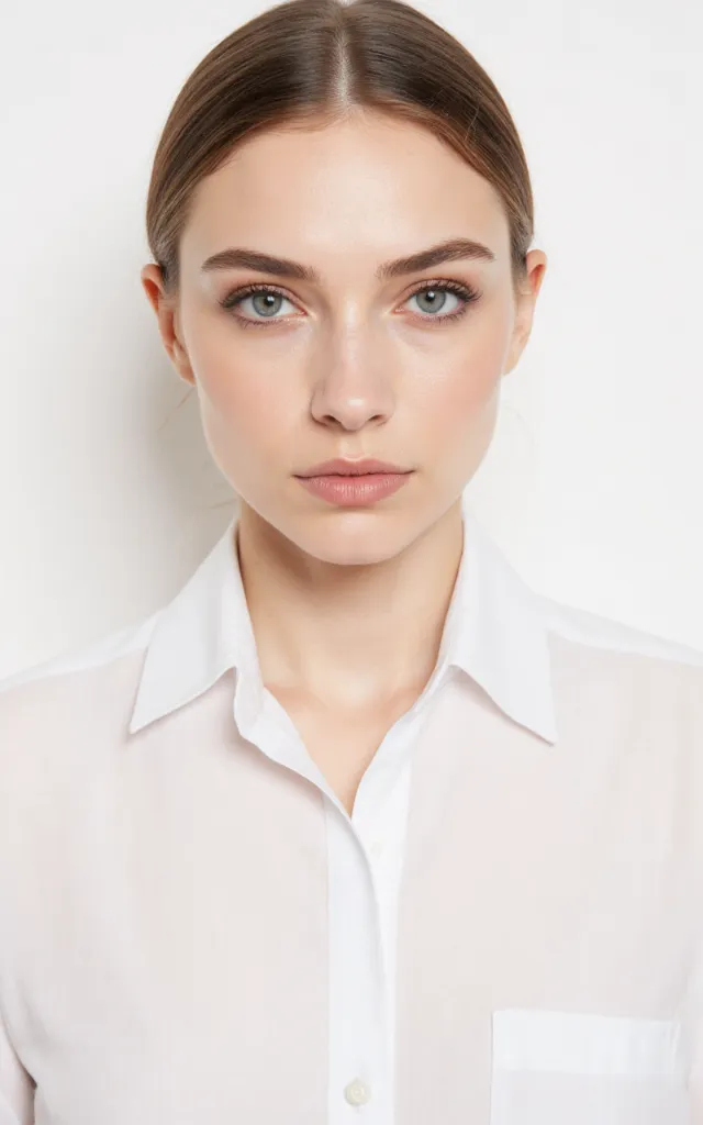 A French female model with a Spring   inspired makeup style, wearing a shirt, against a white background, in a front   facing bust portrait